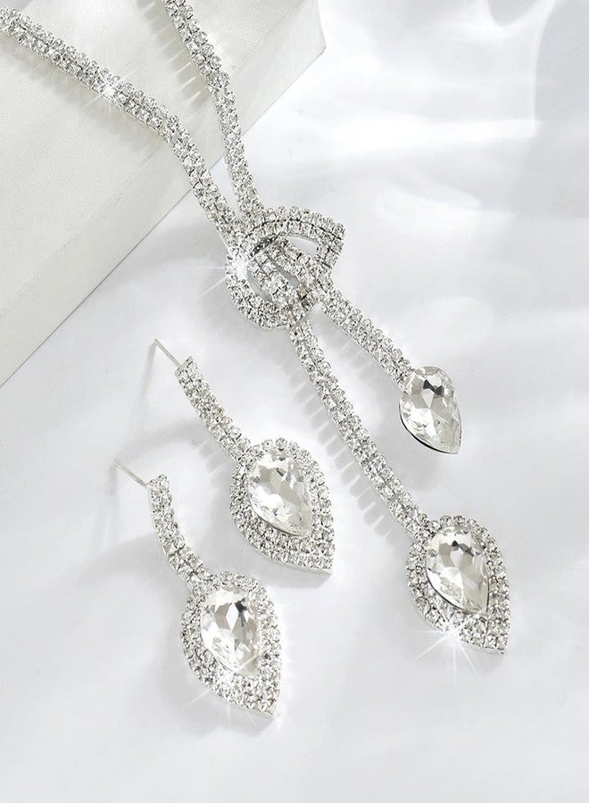MarveBard Sparkling Bridal Wedding Jewelry for Women Set Crystal Y-Necklace Tassel Necklace Rhinestone Teardrop Dangle Drop Earrings Elegant Bride Necklaces Earring Set Brides Bridesmaids Weddings Party Prom Jewelry (White) - Image 4